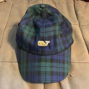 Vineyard Vines Navy & Hunter Plaid baseball cap w/ Gold whale and leather strap